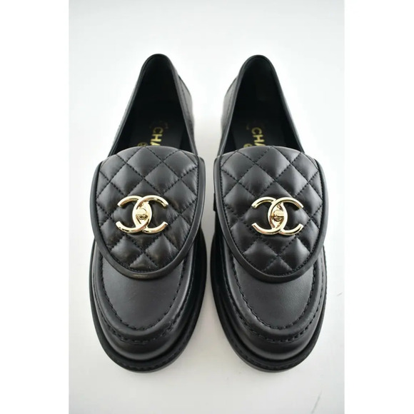 Chanel REV Black Quilted Flap Turnlock Gold CC Logo Mule Slip On Flat Loafer 38